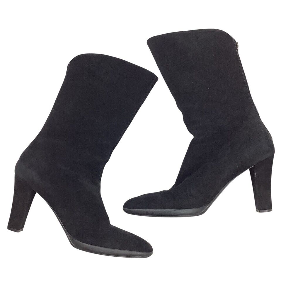 Aquatalia Black Suede Leather Mid-Calf Heel Boots Back Zip Booties Women's 8